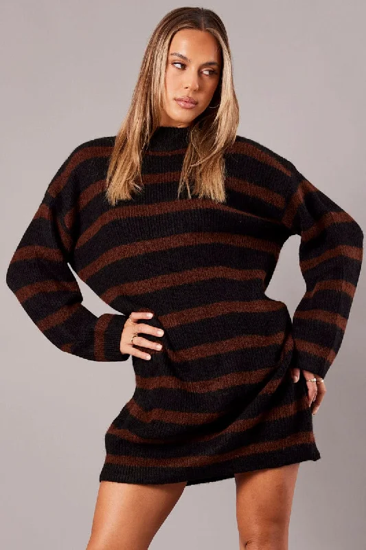 Brown Stripe Knit Jumper Dress Mini