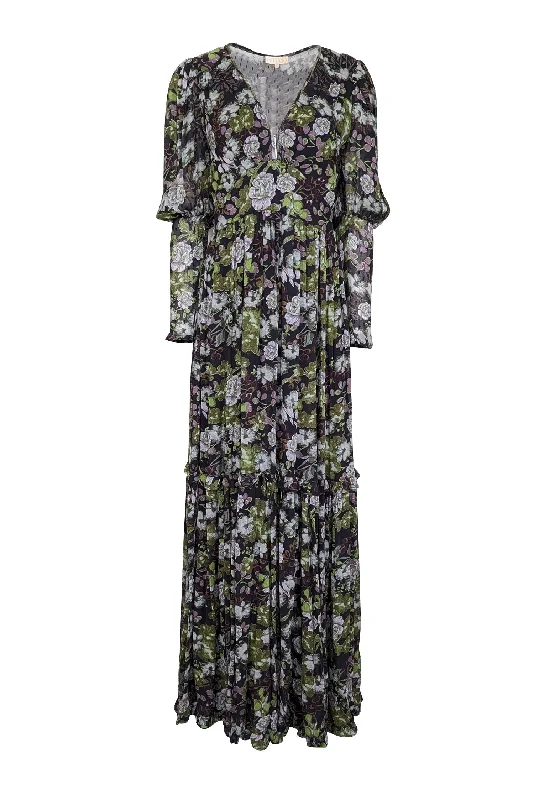 byTimo - Black, Green, & Lavender Floral Print Maxi Dress Sz S