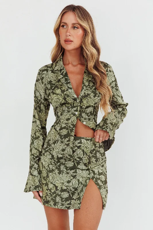 Caledonia Collared Button-Up Satin Shirt Floral Olive