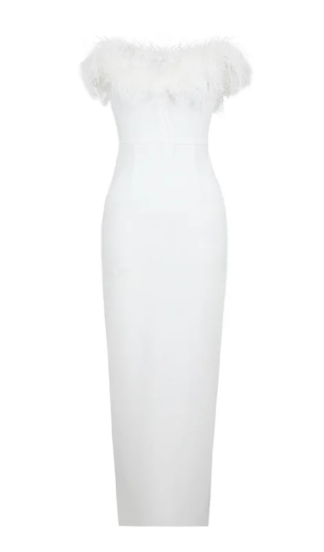 FEATHER BODYCON MAXI DRESS IN WHITE