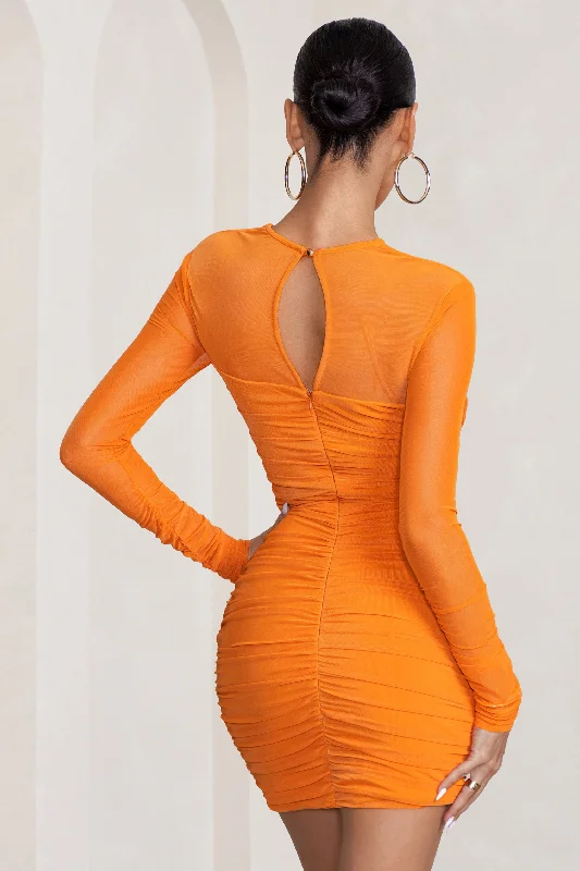 Daiquiri | Orange Cut Out Ruched Mesh Mini Dress With Long Sleeves