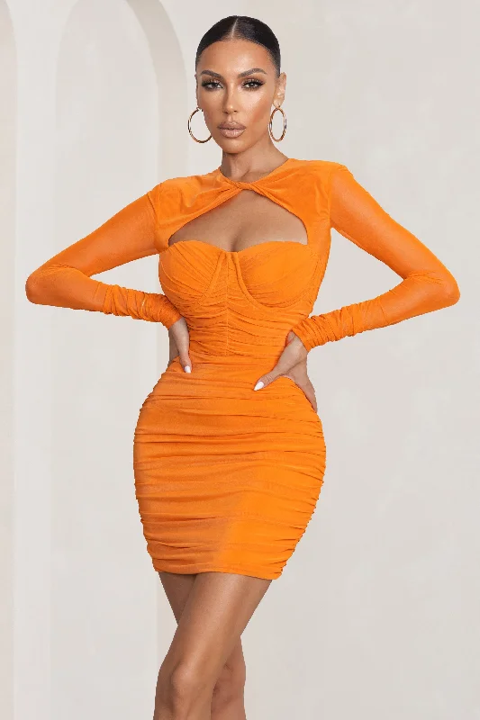 Daiquiri | Orange Cut Out Ruched Mesh Mini Dress With Long Sleeves