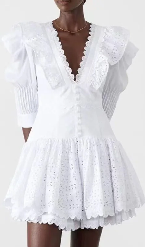 FRENCH RUFFLED EMBROIDERED MINI DRESS IN WHITE