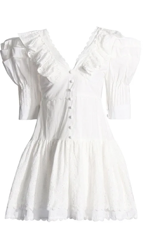 FRENCH RUFFLED EMBROIDERED MINI DRESS IN WHITE