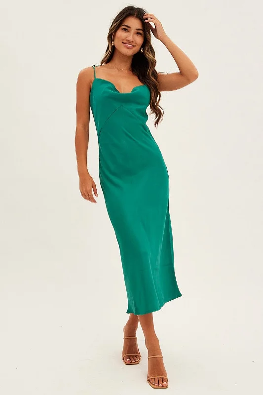 Green Maxi Dress Cowl Neck Satin