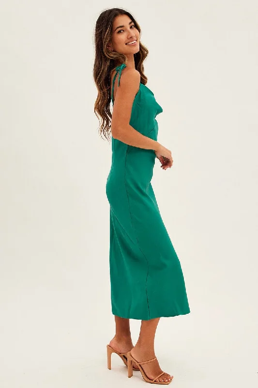 Green Maxi Dress Cowl Neck Satin