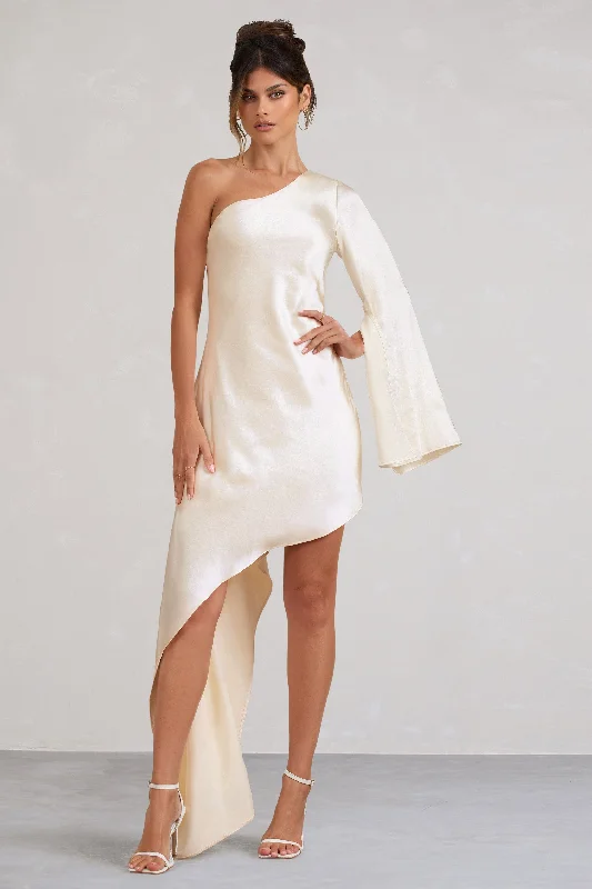 Hanna | Cream One Shoulder Asymmetric Draped Satin Mini Dress