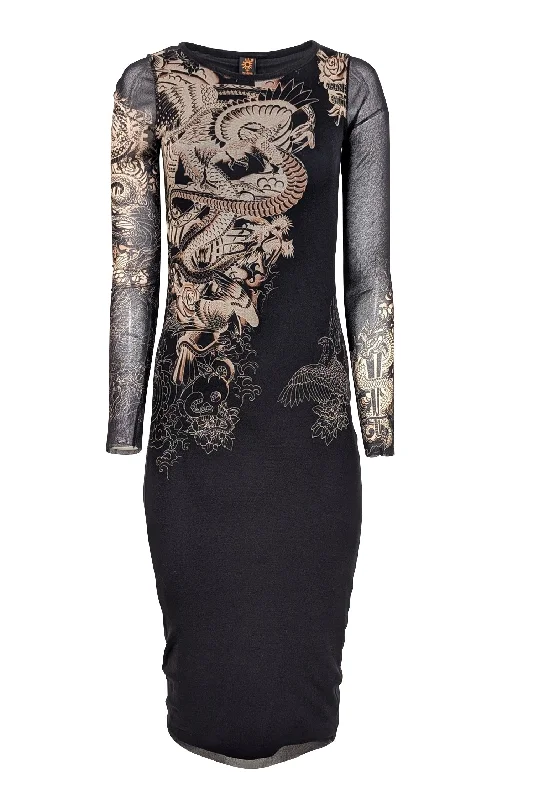 Jean Paul Gaultier - Black & Beige ""Tattoo"" Mesh Long Sleeve Dress Sz M