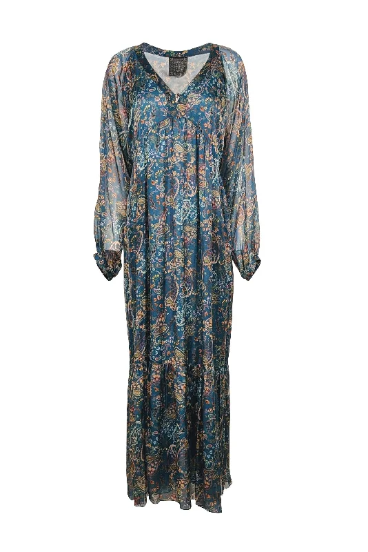 Johnny Was - Teal w/ Multicolor Floral Print Silk Maxi Dress Sz M