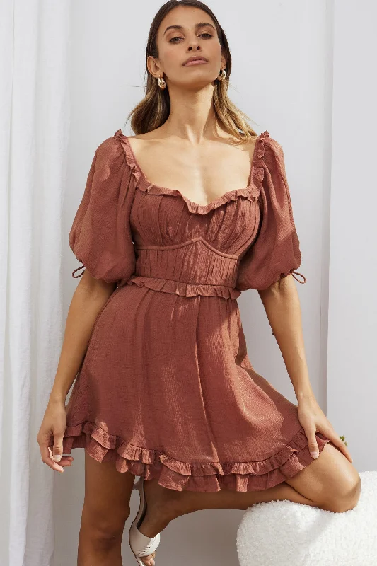 Kirra Puff Sleeve Ruched Bodice Dress Antique Rose