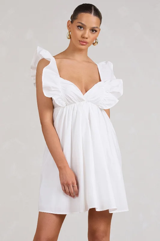 Let's Laze | White Poplin Smocked Mini Dress With Frilled Straps