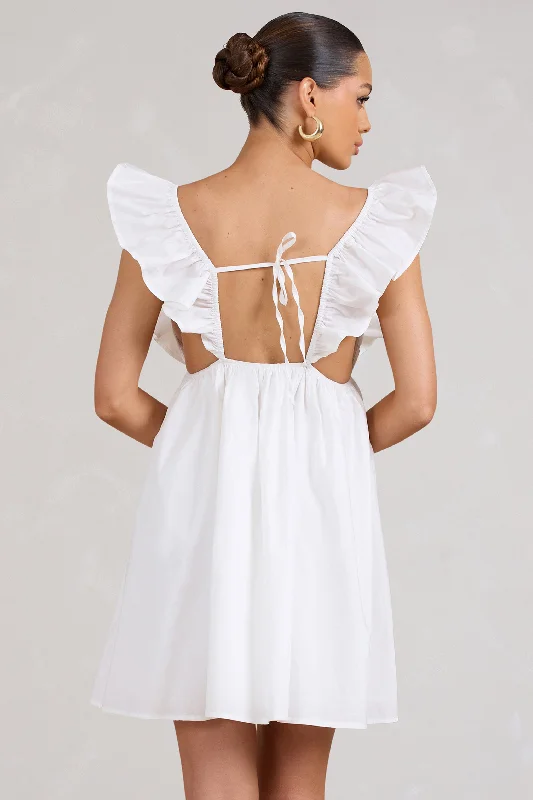 Let's Laze | White Poplin Smocked Mini Dress With Frilled Straps