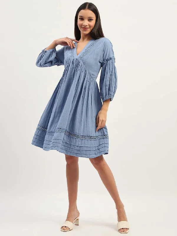 Madame Puff Sleeve Fit and Flare Cotton Blue  Midi Dress