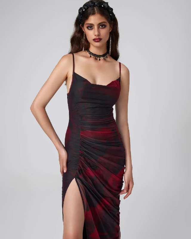 Mesh Cowl Neck Ruched Split  Red Midi Dress