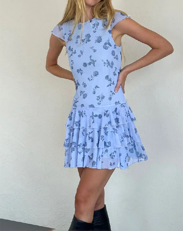 Mirtilo Mini Dress in Inky Blue Floral Mesh