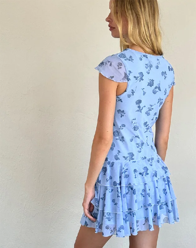 Mirtilo Mini Dress in Inky Blue Floral Mesh