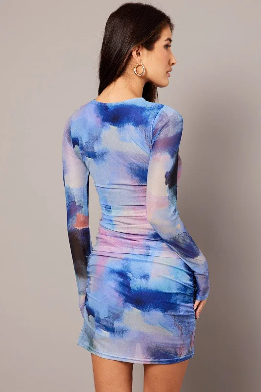 Multi Abstract Bodycon Dress Mini Mesh