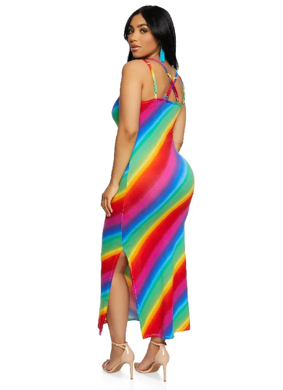 Rainbow Striped Double Strap Maxi Tank Dress