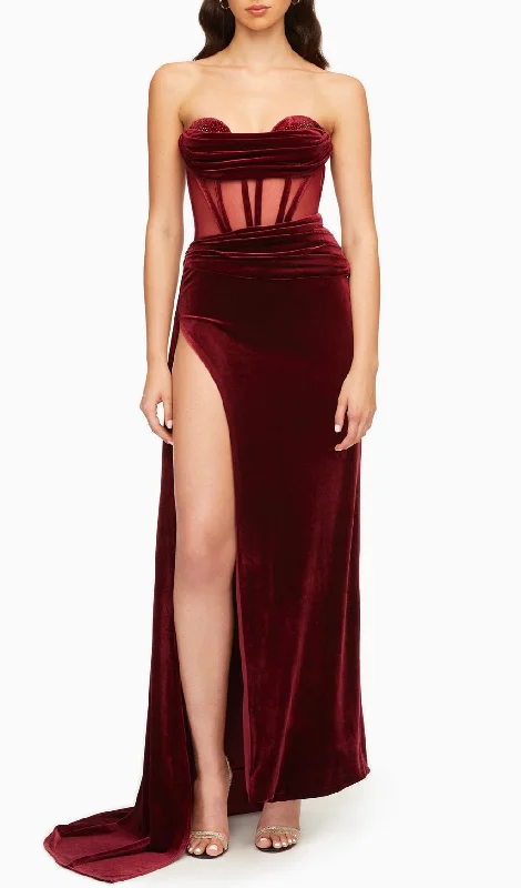 Burgundy Draping Crystal Corset High Slit Velvet Gown