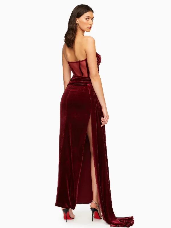 Burgundy Draping Crystal Corset High Slit Velvet Gown