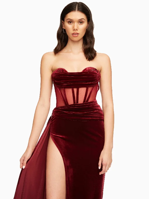 Burgundy Draping Crystal Corset High Slit Velvet Gown