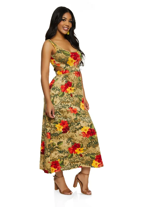 Cut Out Floral Graffiti Print Maxi Dress