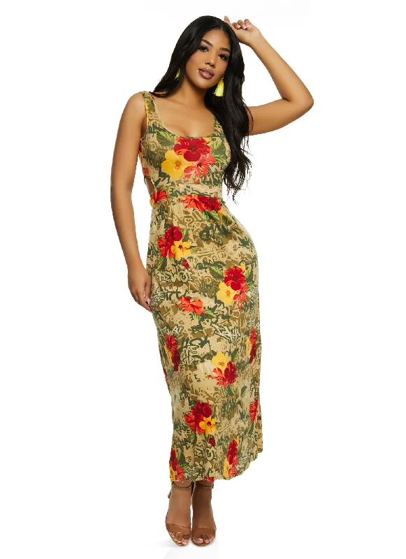 Cut Out Floral Graffiti Print Maxi Dress