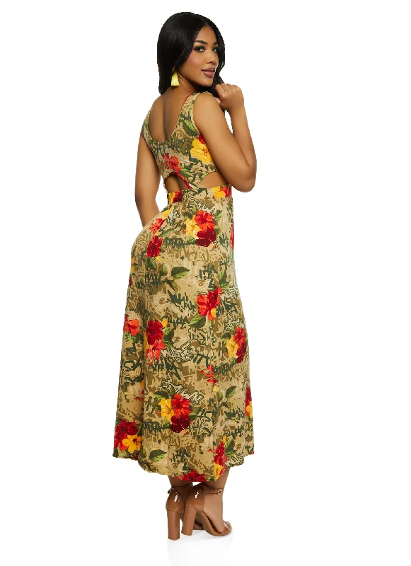 Cut Out Floral Graffiti Print Maxi Dress