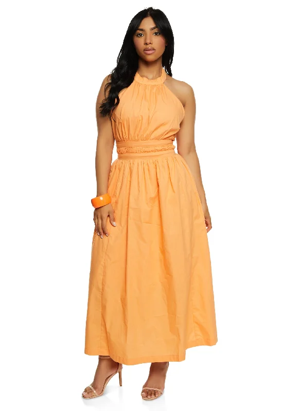 Poplin Tie Back Halter Neck Maxi Dress