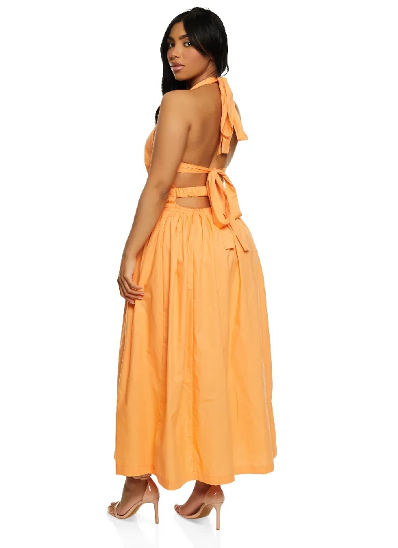 Poplin Tie Back Halter Neck Maxi Dress