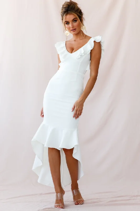 Pearl Ruffle Strap High-Low Hem Dress White