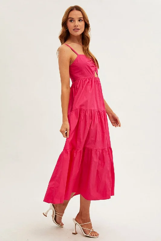 Pink Maxi Dress Sleeveless Ruched Front