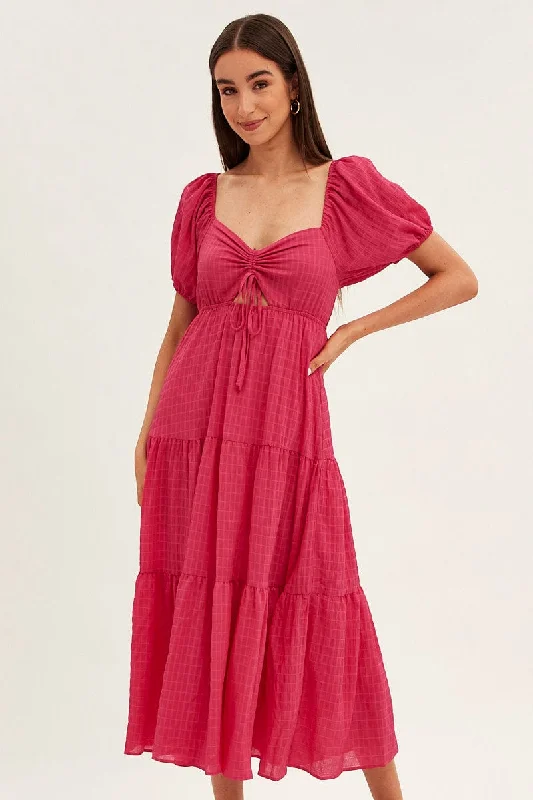 Pink Maxi Dress Sweetheart Neck Puff Sleeve