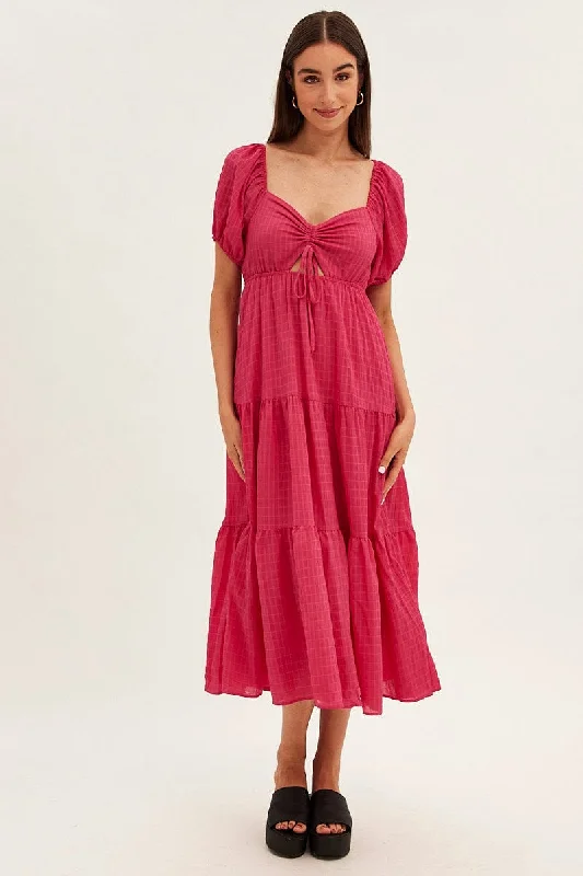 Pink Maxi Dress Sweetheart Neck Puff Sleeve