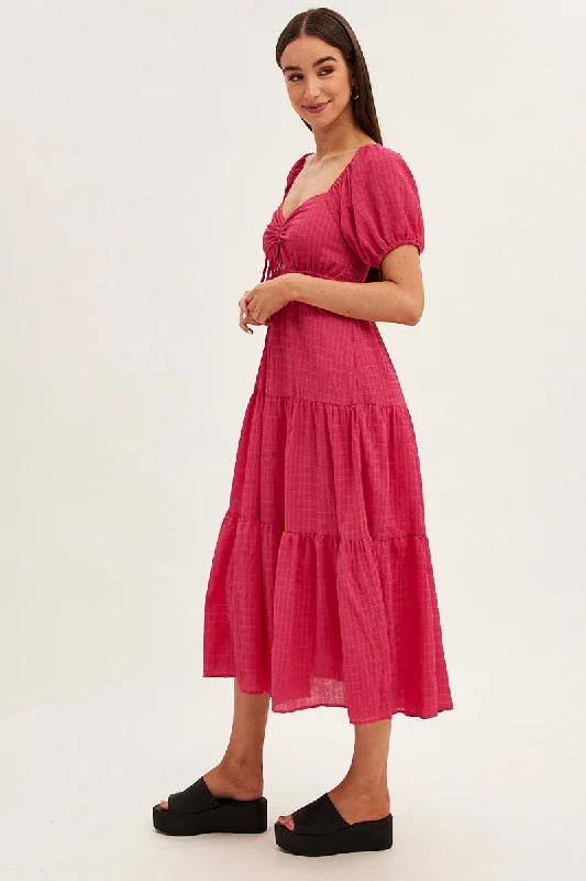 Pink Maxi Dress Sweetheart Neck Puff Sleeve