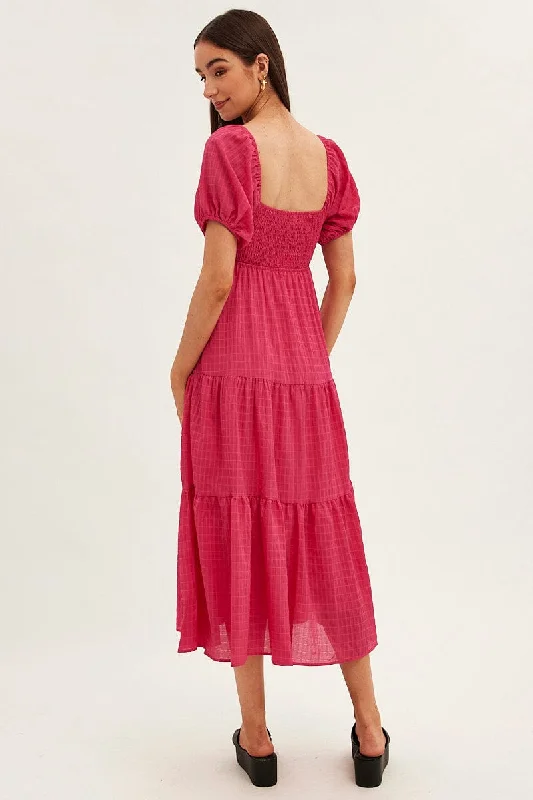 Pink Maxi Dress Sweetheart Neck Puff Sleeve