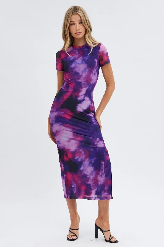 Purple Abstract Maxi Dress Short Sleeve Crew Neck Bodycon Mesh