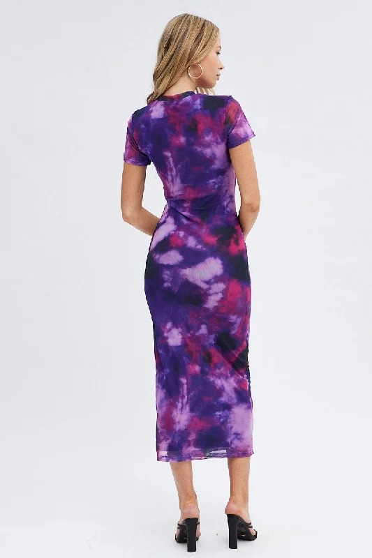 Purple Abstract Maxi Dress Short Sleeve Crew Neck Bodycon Mesh