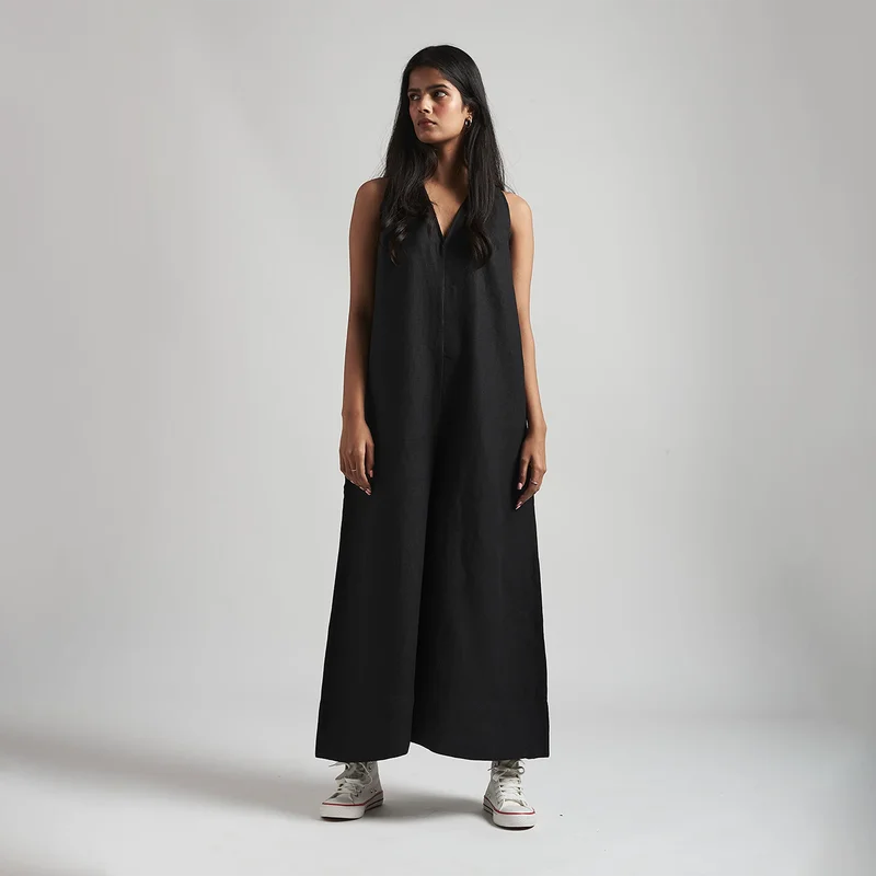 Black Flared Jumpsuit for Women | Linen