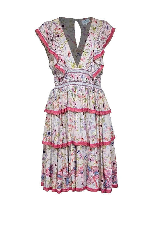 Taj by Sabrina Crippa - Ivory, Pink, & Multi Color Floral Ruffle Trim Dress Sz M