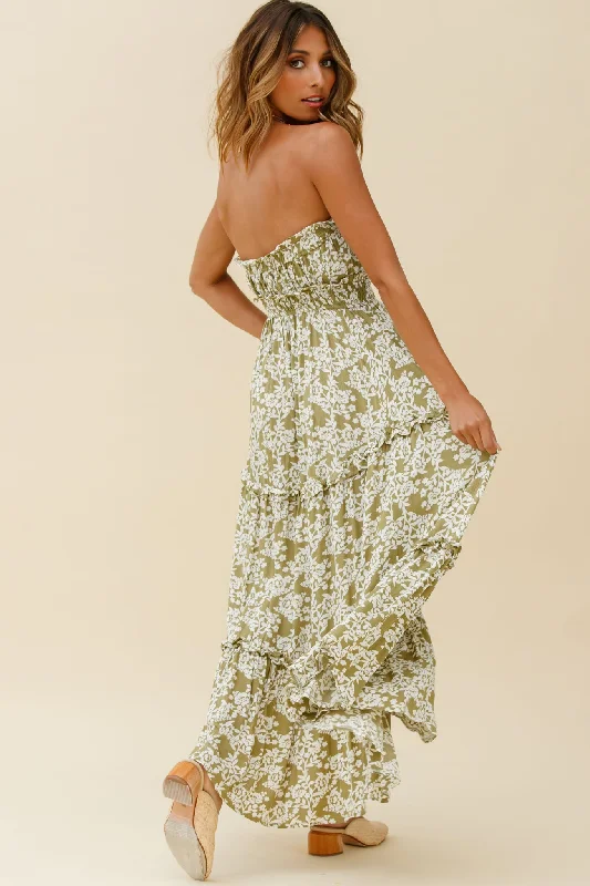 Take Me Away Strapless Maxi Dress Floral Print Green