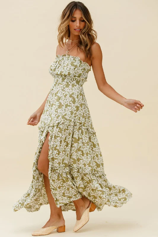 Take Me Away Strapless Maxi Dress Floral Print Green