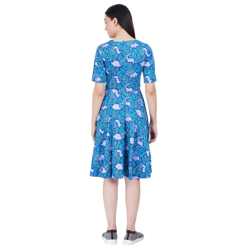 Tropical Dinosaur Elbow Sleeves Twirl Dress