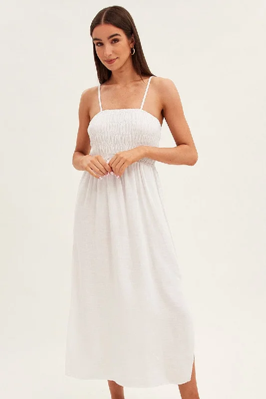 White Maxi Dress With Straps Shirring Linen Blend