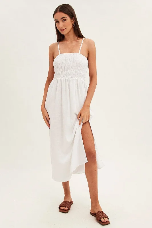 White Maxi Dress With Straps Shirring Linen Blend