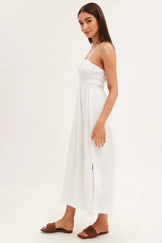 White Maxi Dress With Straps Shirring Linen Blend