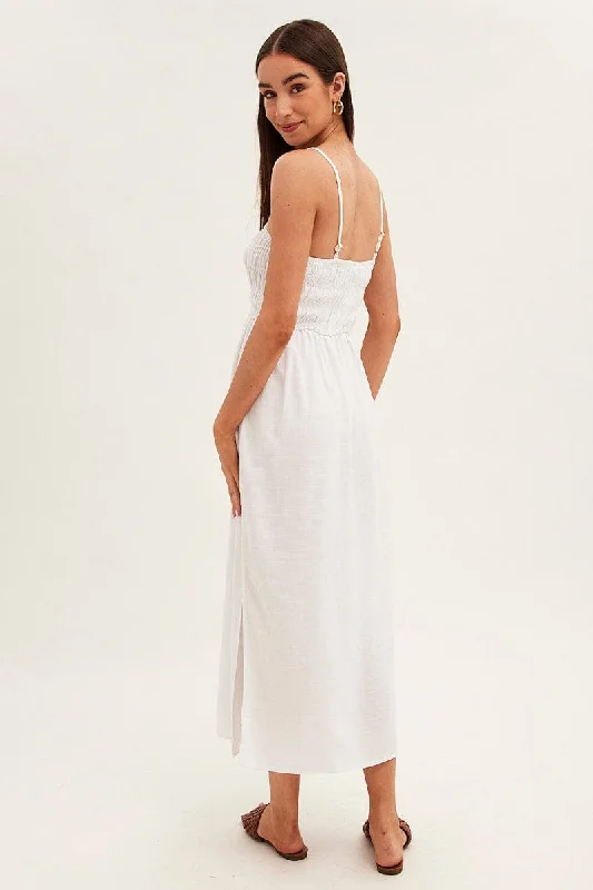 White Maxi Dress With Straps Shirring Linen Blend