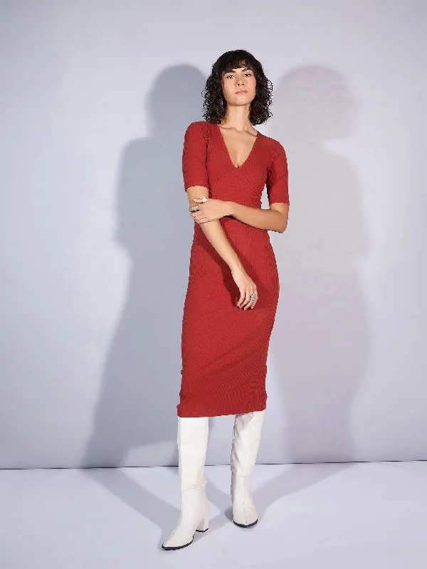 Women Rust Rib V Neck Midi Dress