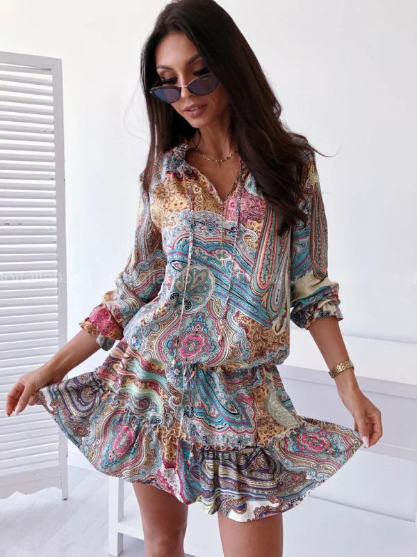 BerryBetty - Women's ethnic print long-sleeved dress