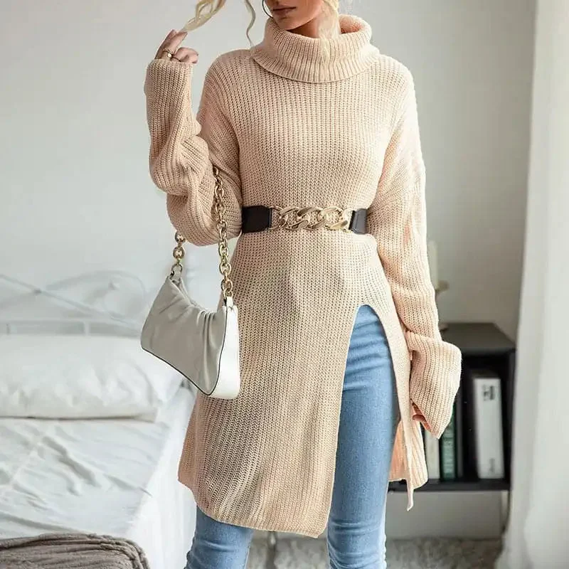 Women’s Solid Color Slit Long Sleeve Turtleneck Sweater Dress